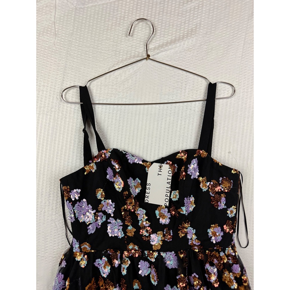 Dress The Population Floral Sequin Fit Flare Dress Black Purple Gold Small NEW - Picture 4 of 11